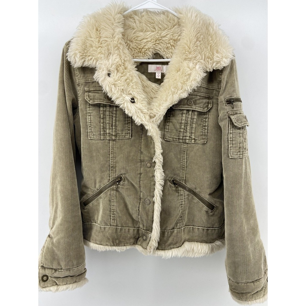 Y2K Corduroyโ Jacket Women Medium Tan Corduroy Faux Fur Western Boho Utility JLo
